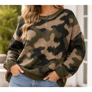GiGiO Plus NWT Camo Oversized Sweater 1XL Distressed Knit Crew Neck Streetwear
